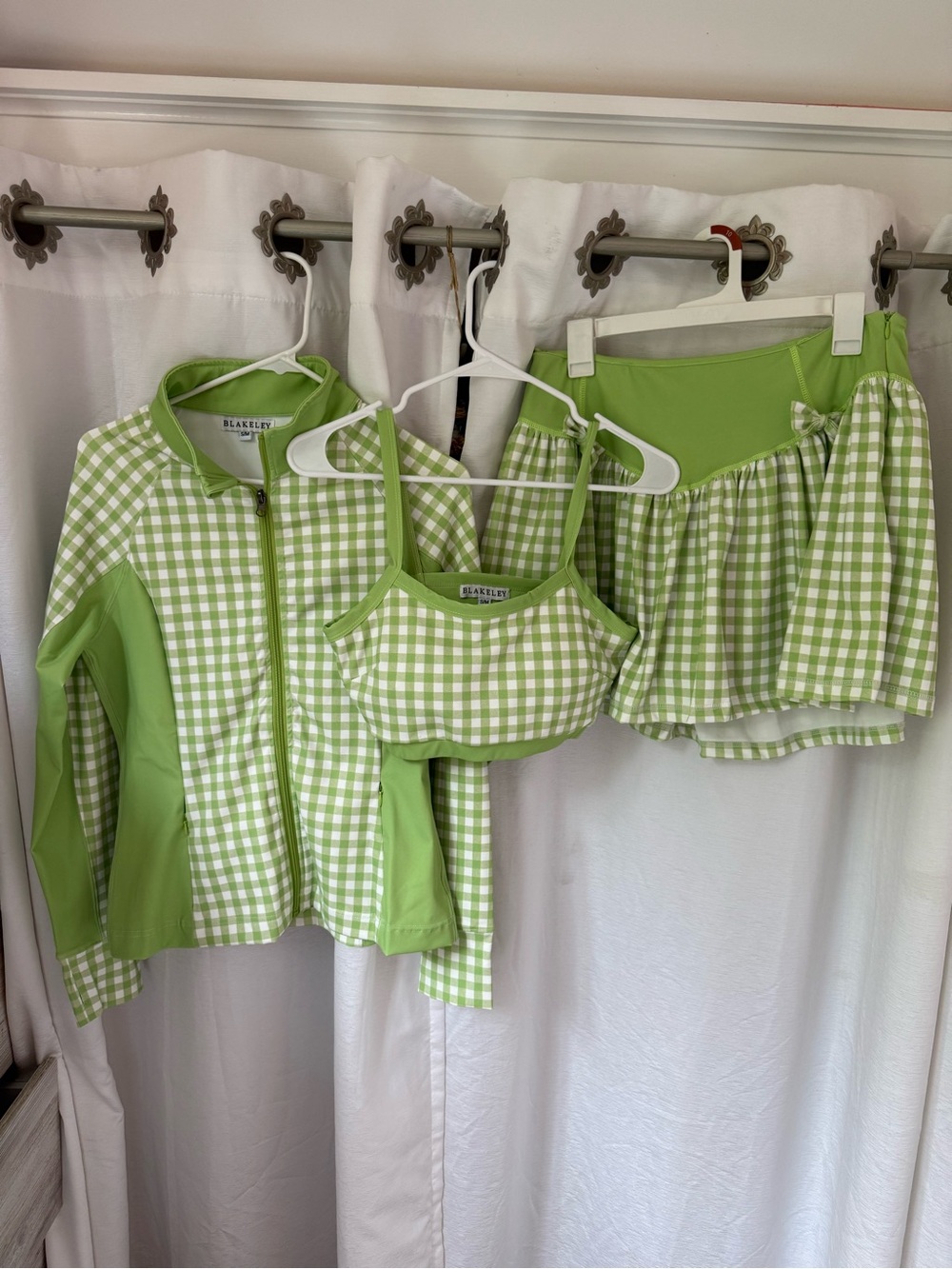 Green Gingham Three-Piece Active Set - Jacket, Top & Skort